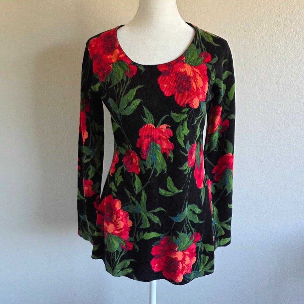 NEW Isaac Mizrahi Live Sweater Long Sleeve Black Red Floral Stretch Size XXS